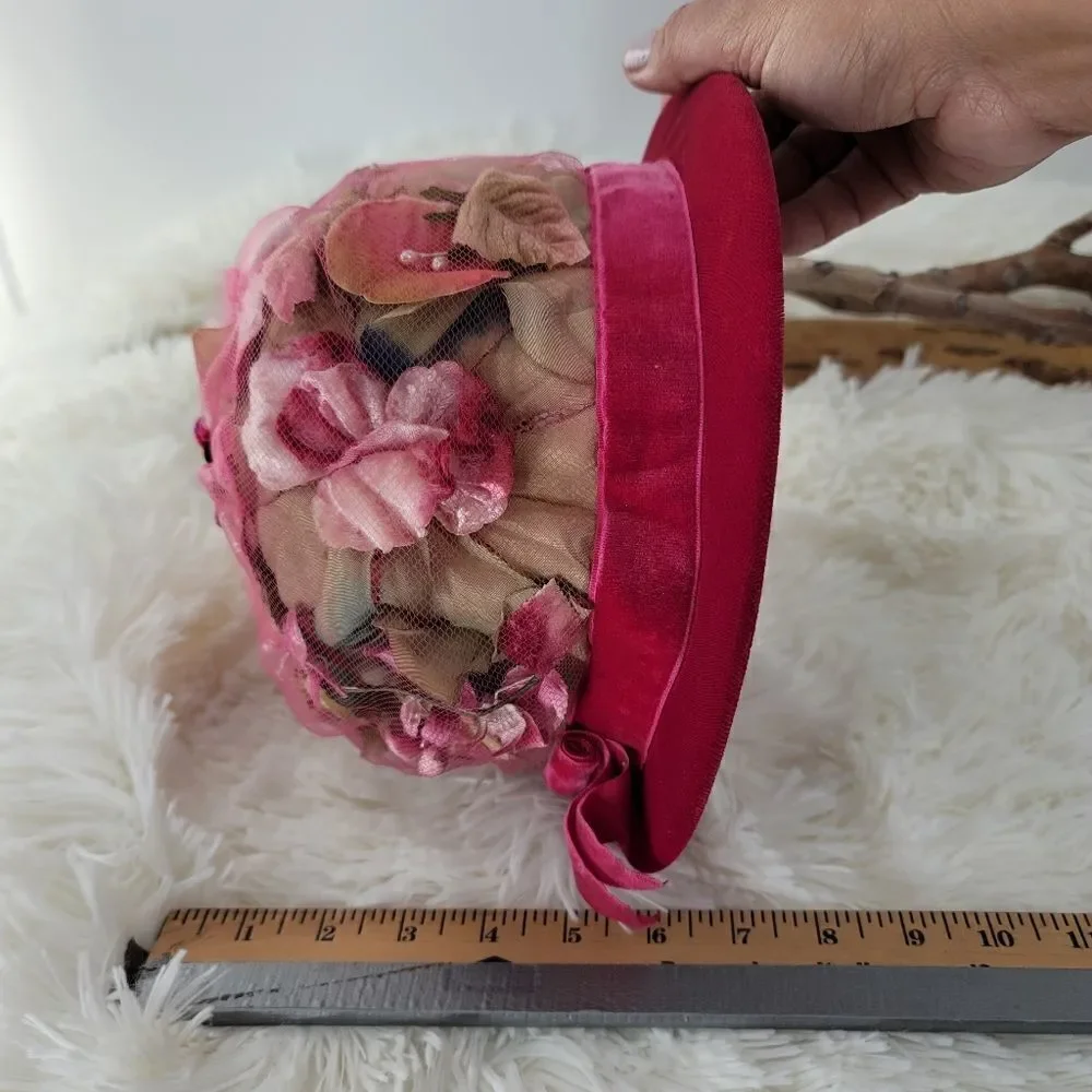 Vintage 1950s originals by Lee Bury of Dallas flower mesh and velvet hat pink - Picture 8 of 11